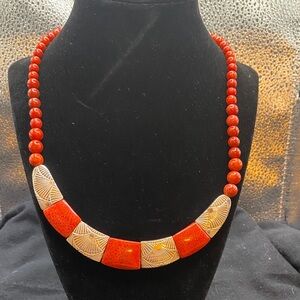 Red Coral Bead Necklace With Etched Sterling Silver Accents